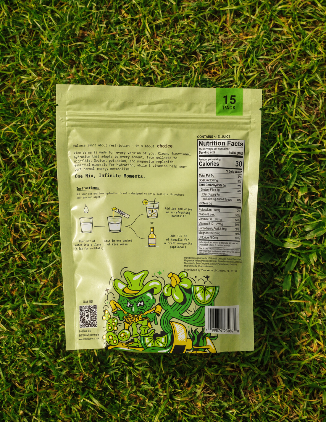 Back of the Vice Versa pouch with mixing instructions and nutrition panel