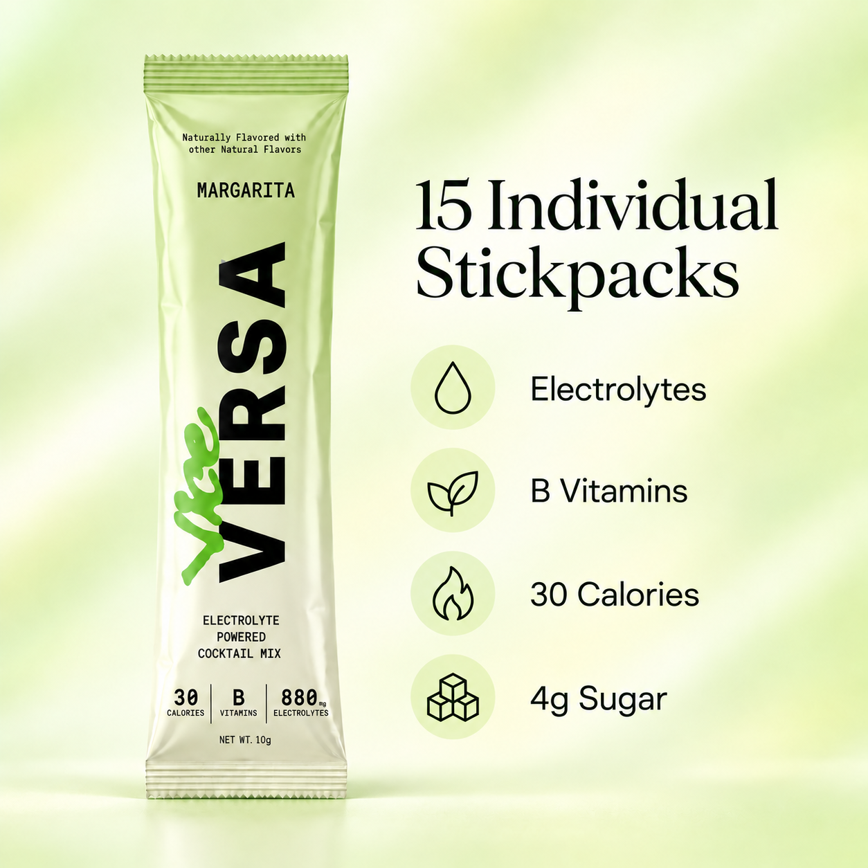15 individual stick packs with electrolytes, B vitamins, 30 calories and 4g sugar